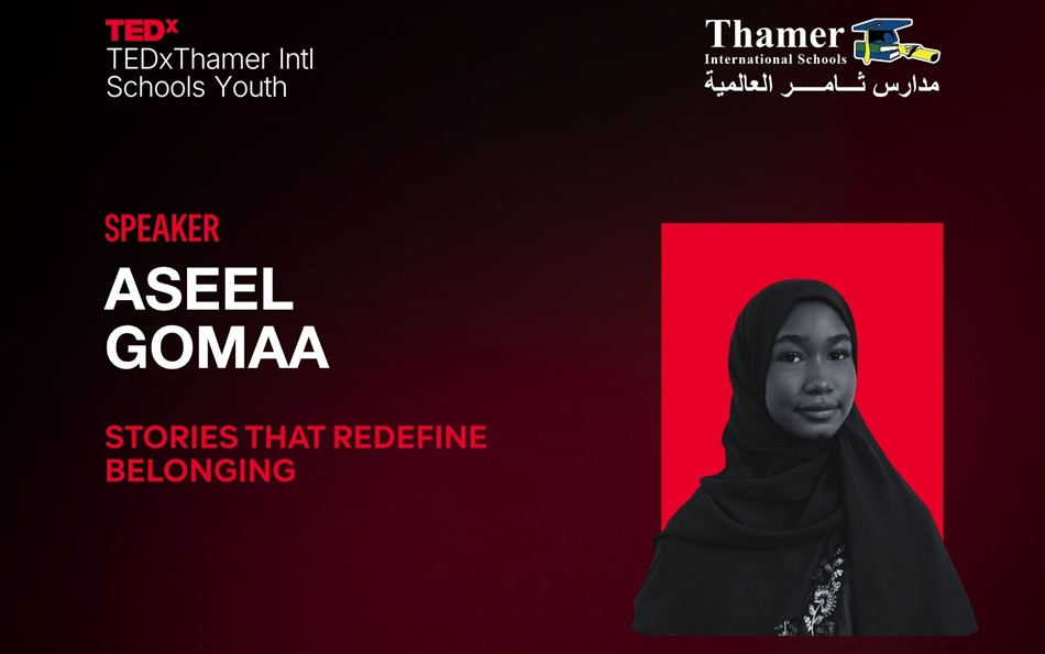 Aseel Gomaa discussing identity, empathy, inclusion, and the power of conversation during a TEDx talk.