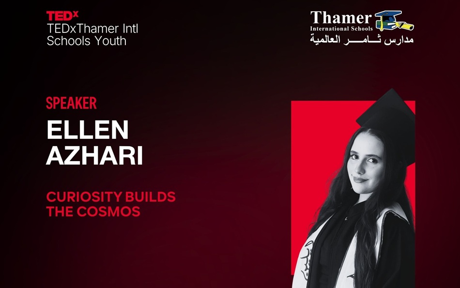 Ellen Azhari presenting a TEDx talk about astronomy, curiosity, and resilience at Thamer International Schools.