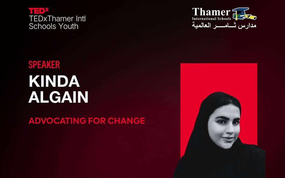 Kinda Algain speaking on stage at a TEDx event about ambition, growth, and empowerment.