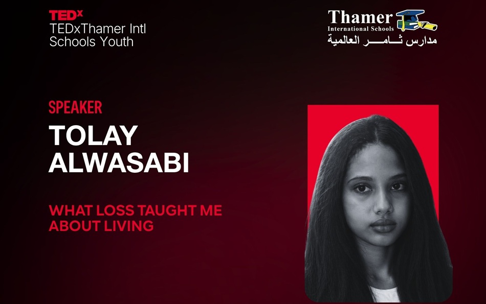 Tolay Ali Alwasabi presenting a TEDx talk about resilience, healing, and personal growth at Thamer International Schools.