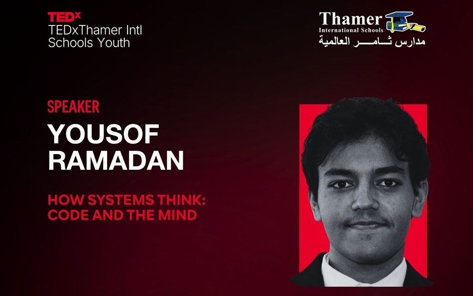 Yousof Mohamed Shawky Mohamed Ramadan presenting a TEDx talk about technology, curiosity, and human behavior.