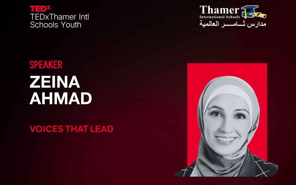 Zeina Ahmad Salim Ahmad delivering a TEDx talk on communication and leadership at Thamer International Schools.